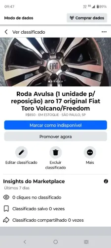 Roda Avulsa aro 17 (unidade p/ reposição) original Fiat Toro Volcano / Freedom 