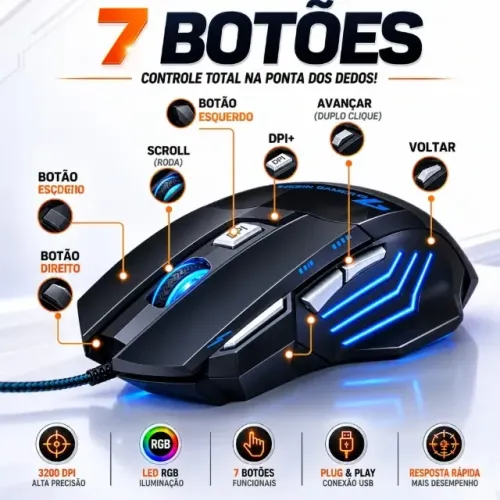 Mouse Gamer Iluminado Led RGB 7 Botões Para Jogos 3200 Dpi