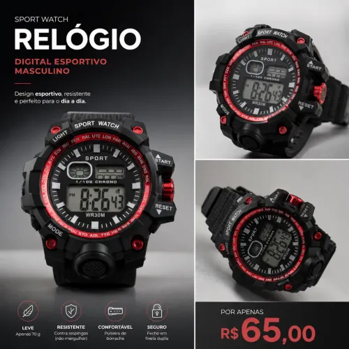 Relógio digital esportivo masculino