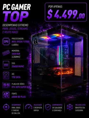 PC Gamer Ryzen 7 5700X 4.6Ghz / Mem 16Gb / SSD 256Gb + 1Tb HD / RTX 2070 Super 8Gb