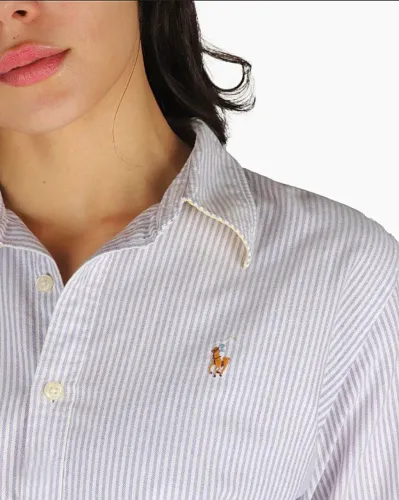 Camisa de Botão Polo Ralph Lauren Original 100% Algodão Roxo e Branco Feminino Perfeita