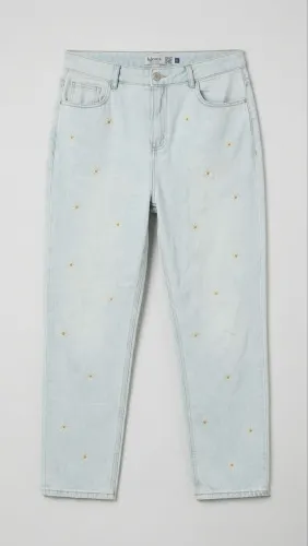 Calça Jeans Off-White Bordada com Flores Margaridas