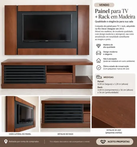 Painel para TV + Rack em Madeira 2m - Rio Decor Designer