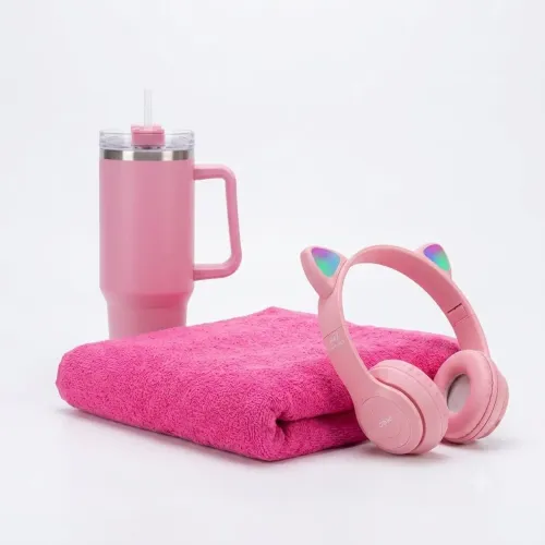 Kit Treino Rosa Completo | Copo Térmico 1.2L + Fone Sem Fio + Toalha