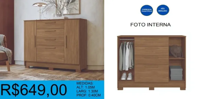 Cômoda com 4 gavetas 2 portas + cabideiro - à pronta entrega