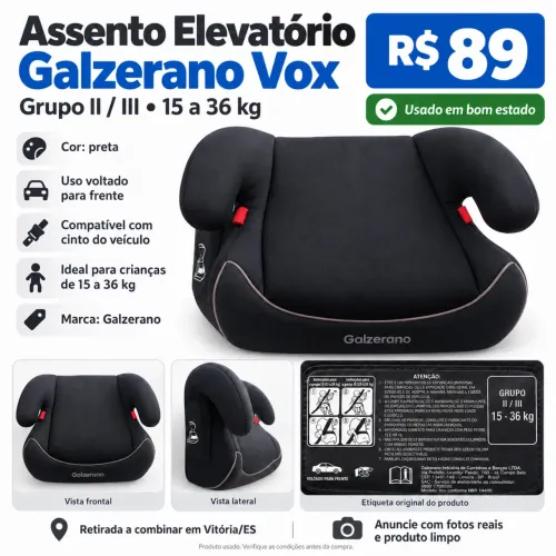 Assento elevatório infantil para carro Galzerano, modelo Vox, na cor preta.