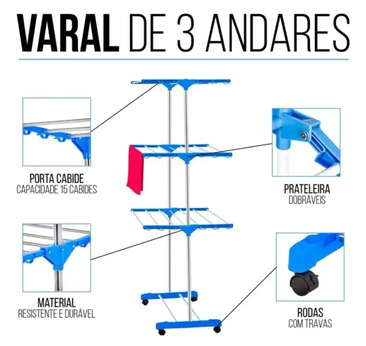 VARAL DE CHÃO 3 ANDARES EM AÇO INOX ALUMINIOE