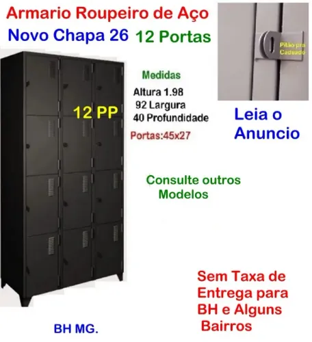 Roupeiro de aço 12 portas Armário preto escaninho comercio volume indústria academia loja