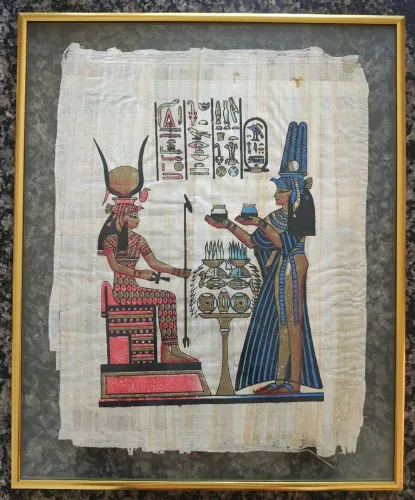 Quadro Papiro Egípcio Antigo Original Emoldurado - Nefertari e Hathor - 43x63 cm