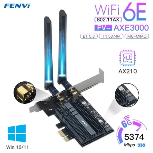 Adaptador Wifi Fenvi 5400 MBs, Tri-band 2.4/5/6G , Bluetooth 5.3, PCI Express, Novo, Caixa