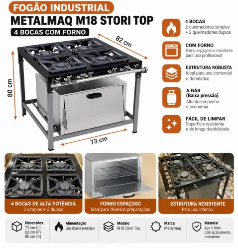 Fogão Industrial Metalmaq M18 Stori Top 4 Bocas com Forno