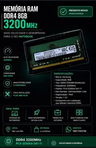 Memória RAM Samsung 8GB DDR4 3200MHz para Notebook ? Original, Lacrada