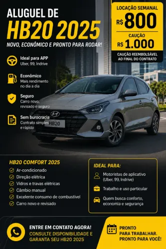 HB20 Comfort 2025 para Aluguel | R$ 800/Semana | Caução de R$ 1.000