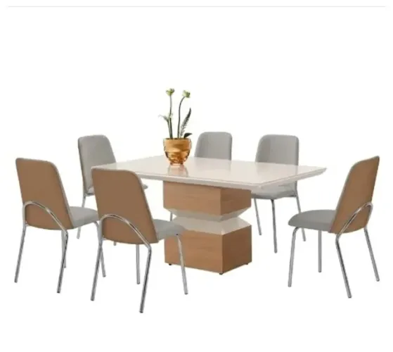 Sala De Jantar 7 Peças Aço Off White Bege Com Marrom E Freijó Nobre Ágata
