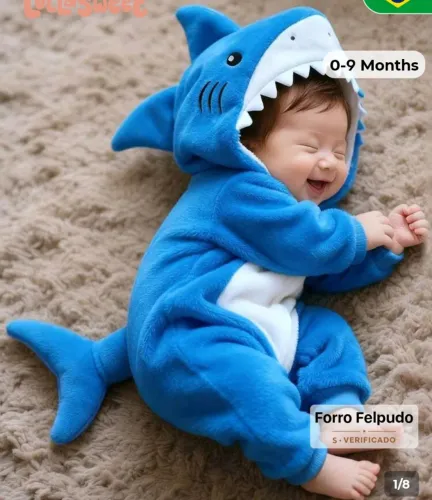 Vendo 3 roupinhas de bebê, sendo uma de tubarão, uma de cachorrinho e uma de dinossauro