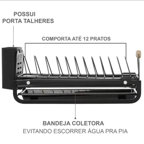escorredor de pratos e talheres retrátil preto