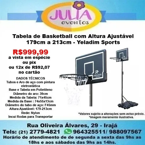 Tabela de Basketball com Altura Ajustável 179 a 213cm Yeladim Sports