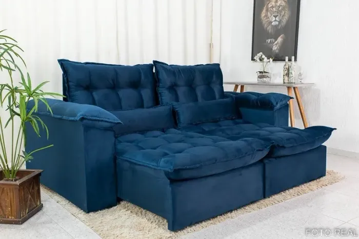 Sofá Retrátil Reclinável 2.30m Ipanema Veludo Azul rf433