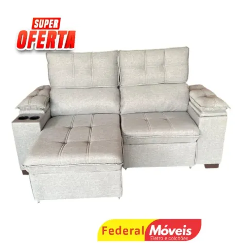 Sofá 2,00m Linho c/ Porta Copos Embutidos Off White (FAZEMOS ENTREGA)