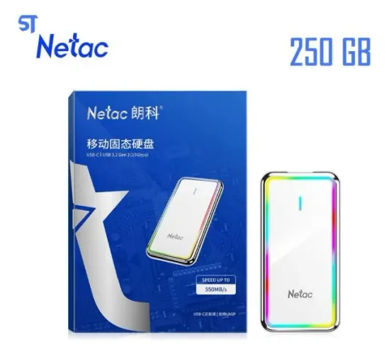 Ssd Externo 250Gb Rgb Netac Usb-C Usb 3.2 Leitura 550 Mb/S