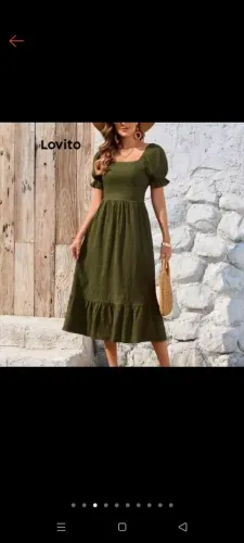 Vestido Midi Manga Curta Verde Oliva Lovito