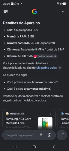 Vendo Celular Samsung A03s, semi novo funcionando perfeitamente, bateria 100%