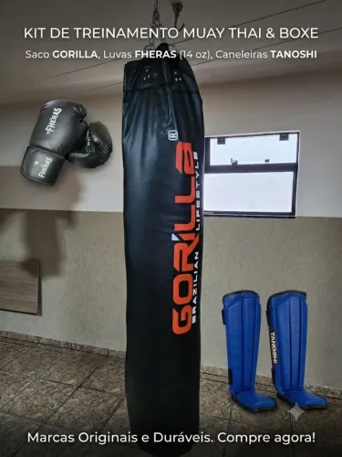 Kit Muay Thai/ Boxe / MMA - Saco de Pancada 1.80m + Luva Fheras 14 oz + Caneleira Tanoshi