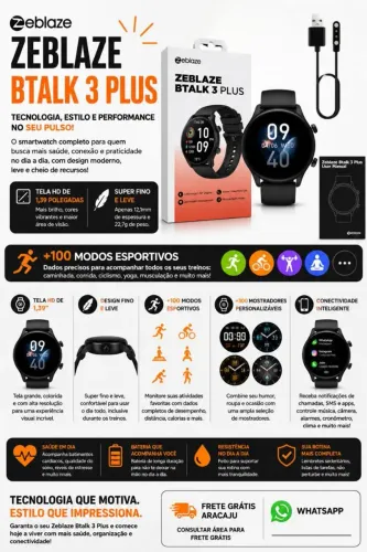 Smartwatch zeblaze btalk 3 plus nas cores preta ou lilás