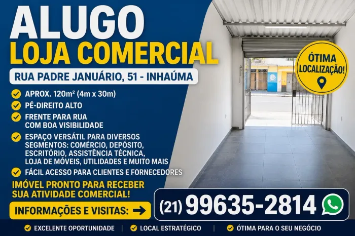 Alugo Loja Comercial 120m² | Pé-direito Alto | Rua Padre Januário, 51, Inhaúma.