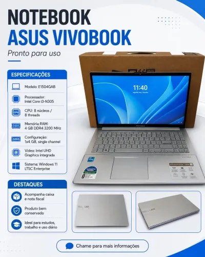 Notebook ASUS Vivobook Intel Core i3 8 Núcleos, 4GB RAM, Caixa e Nota Fiscal
