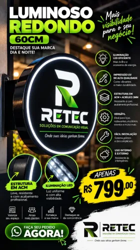 Luminoso Redondo LED 60cm Personalizado com Sua Logo - ACM + Acrílico