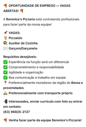 Vagas para trabalhar em Pizzaria