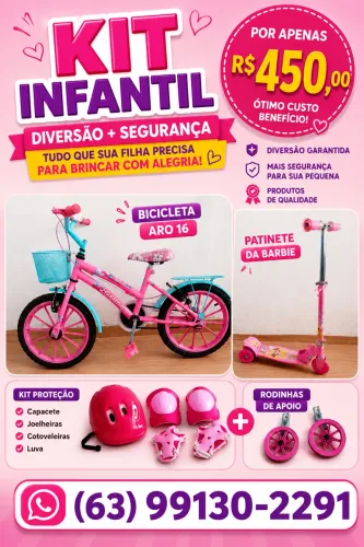 Kit Infantil Completo - Bicicleta + Patinete + Capacete e Proteções