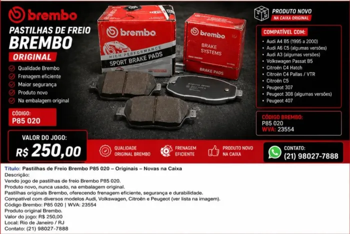 Pastilhas de Freio Brembo P85 020 - Novas e Originais