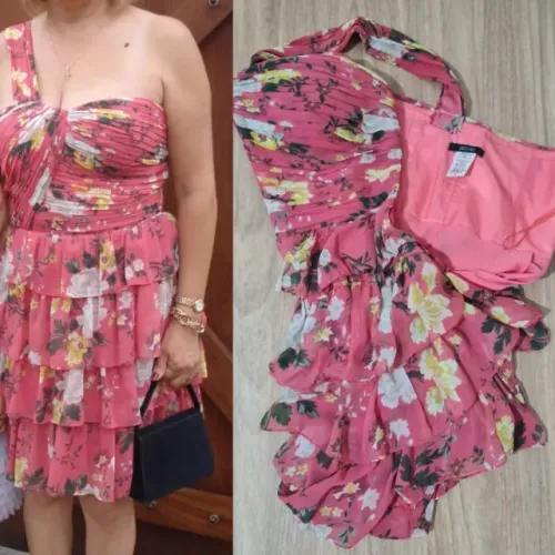 vestido de festa floral babados