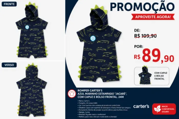 Romper CARTER'S 24m masculino (com capuz e bolso frontal)