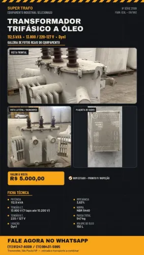 TRANSFORMADOR TRIFÁSICO A ÓLEO 112,5kVA