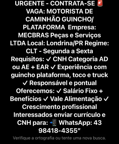 Motorista Caminhão guincho com experiência