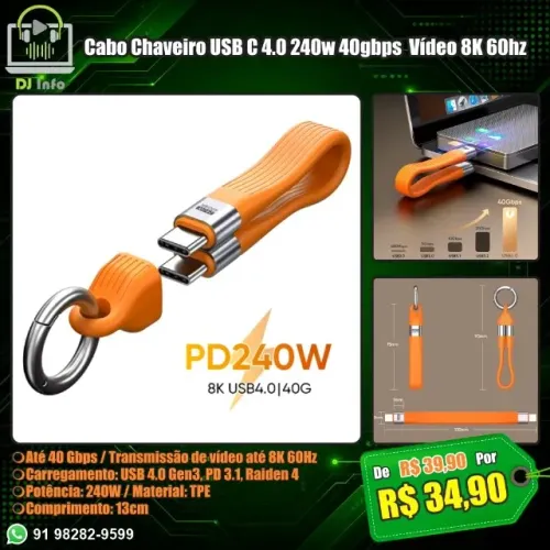 Cabo Chaveiro USB C 4.0 240w 40gbps Vídeo 8K 60hz