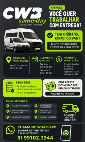 Motorista Entregador Caxias do Sul/RS Veículo Utilitário, Kombi ou Van