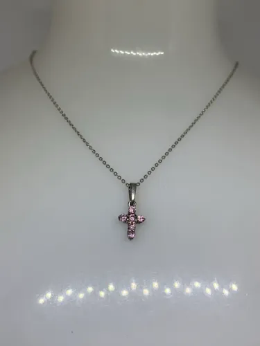 lindo colar de prata com pingente de cruz rosa