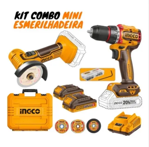 Kit Combo INGCO 20V, que inclui uma parafusadeira/furadeira e esmerilhadeira angular.