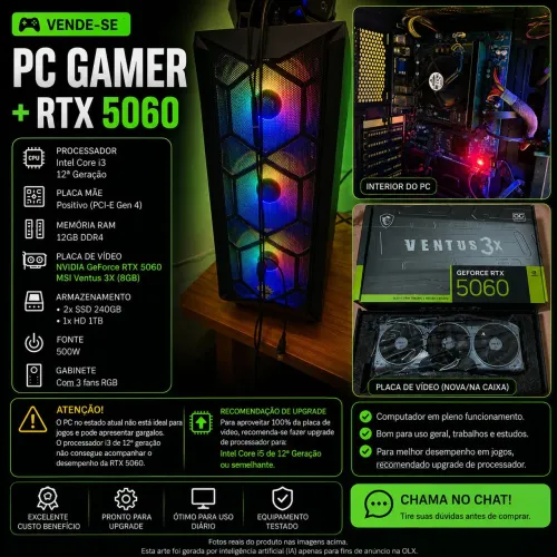 PC+RTX 5060 8G MSI 3 FAN (placa nova) !!LEIA DESCRIÇÃO!!