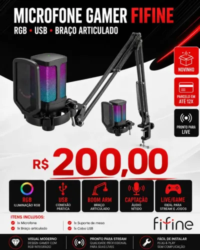 Microfone FIFINE RGB com Braço Articulado - USB - Novinho 