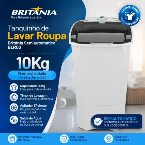 Tanquinho de Lavar Roupa 10Kg Britânia Semiautomático BLR03