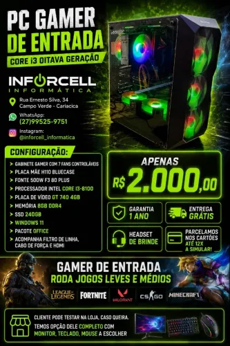 PC Gamer de entrada | Core i3-8100 | GT 740 | 8GB RAM | SSD 240 Novo Garantia 1 Ano