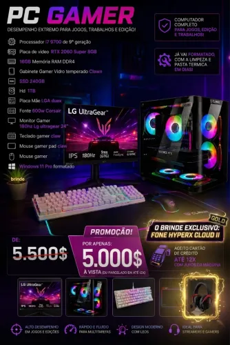 Pc Gamer Completo i7+RTX 2060 Super 8GB+Monitor 180Hz