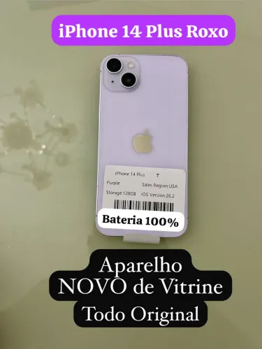 iPhone 14 PLUS 128gb ROXO ( NOVO de Vitrine ) Aparelho todo ORIGINAL BATERIA 100 %