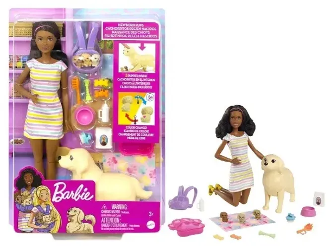 Boneca Barbie Filhotes Recém-Nascidos - Boneca, cachorro, 3 filhotes e acessorios NOVO