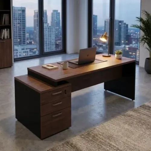 Mesa Pedestal Reta 3 Gavetas 1,92x0,70 Marsala Preto Escritório Robusta 23485 Profissional